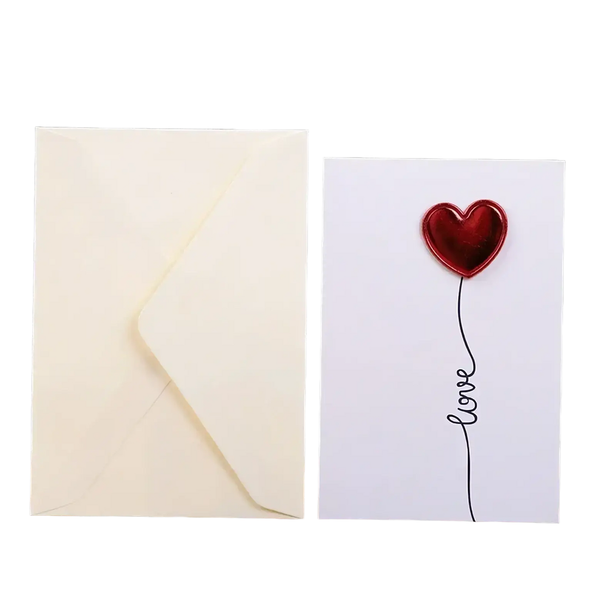 A white valentine greeting card featuring a shiny red heart balloon with love in black cursive script