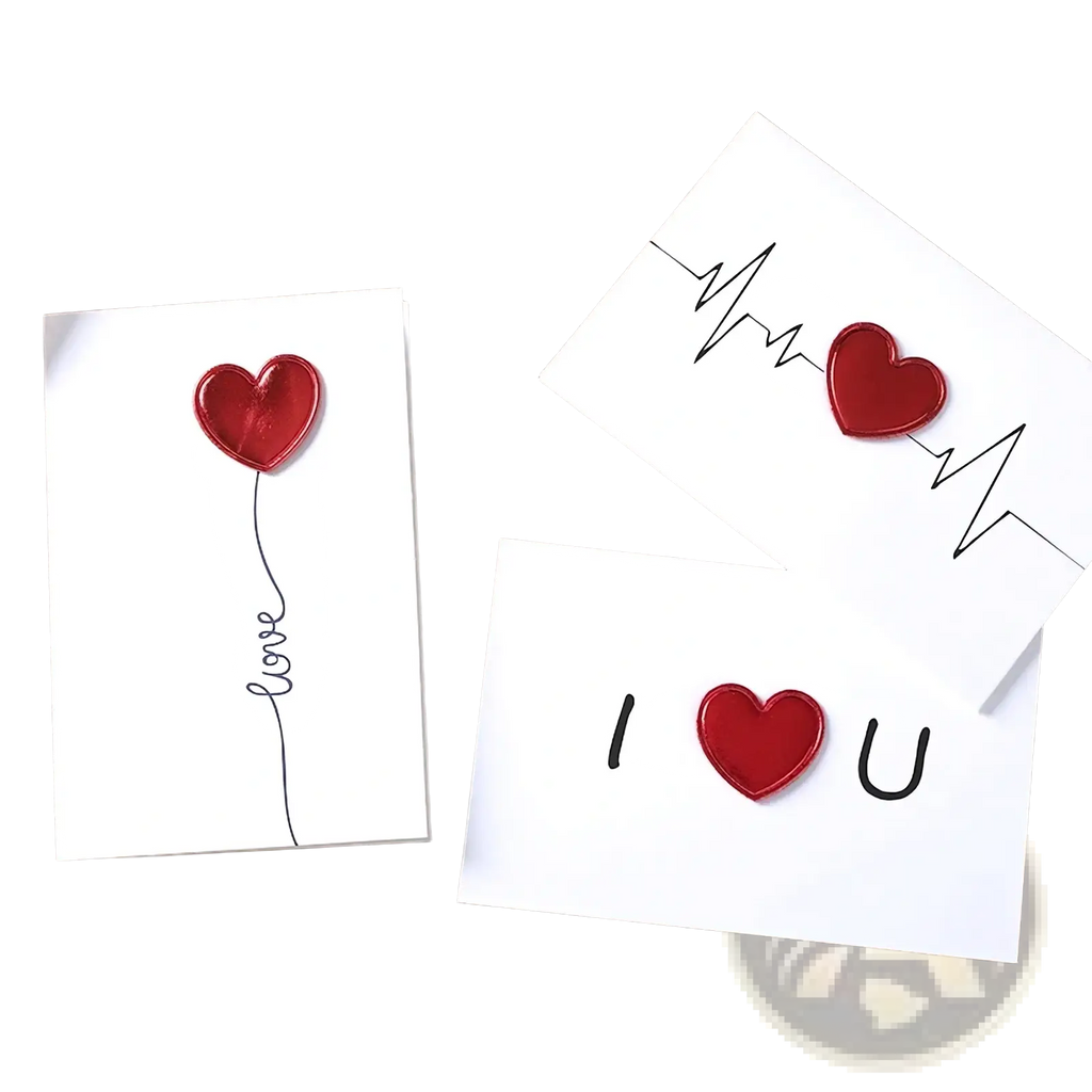 White valentine greeting cards with glossy red heart embellishments and minimalist black line art designs