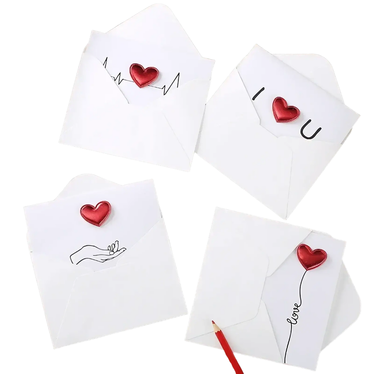 White paper valentine greeting cards with red heart charms and minimalist black line art designs in a red heart set