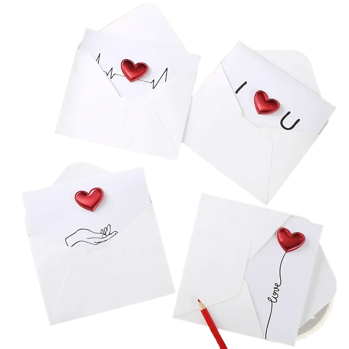 White paper envelopes with shiny red heart charms and minimalist black line art in valentine greeting cards red heart set