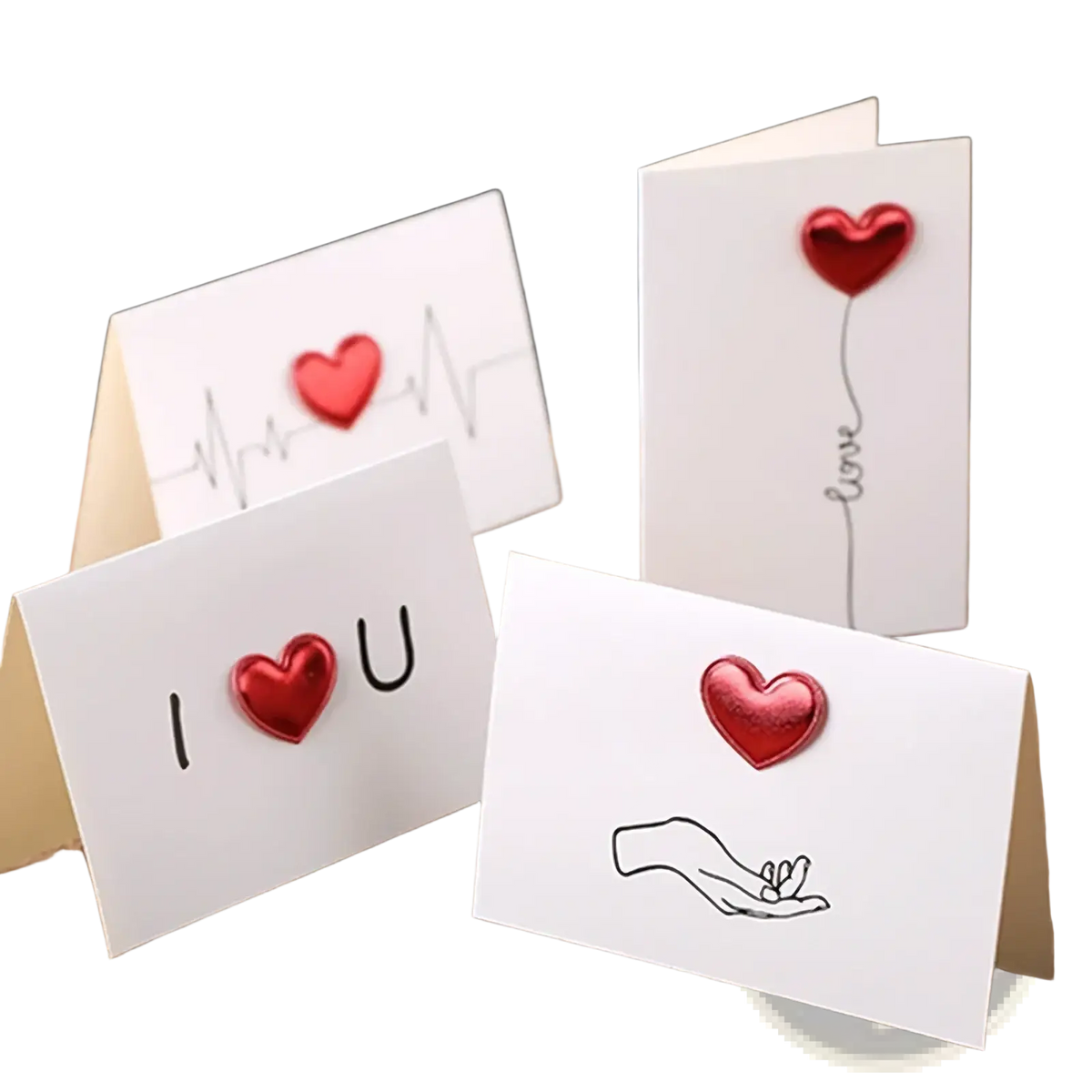 Valentine greeting cards set featuring white cards with shiny red heart embellishments and minimalist black line art designs
