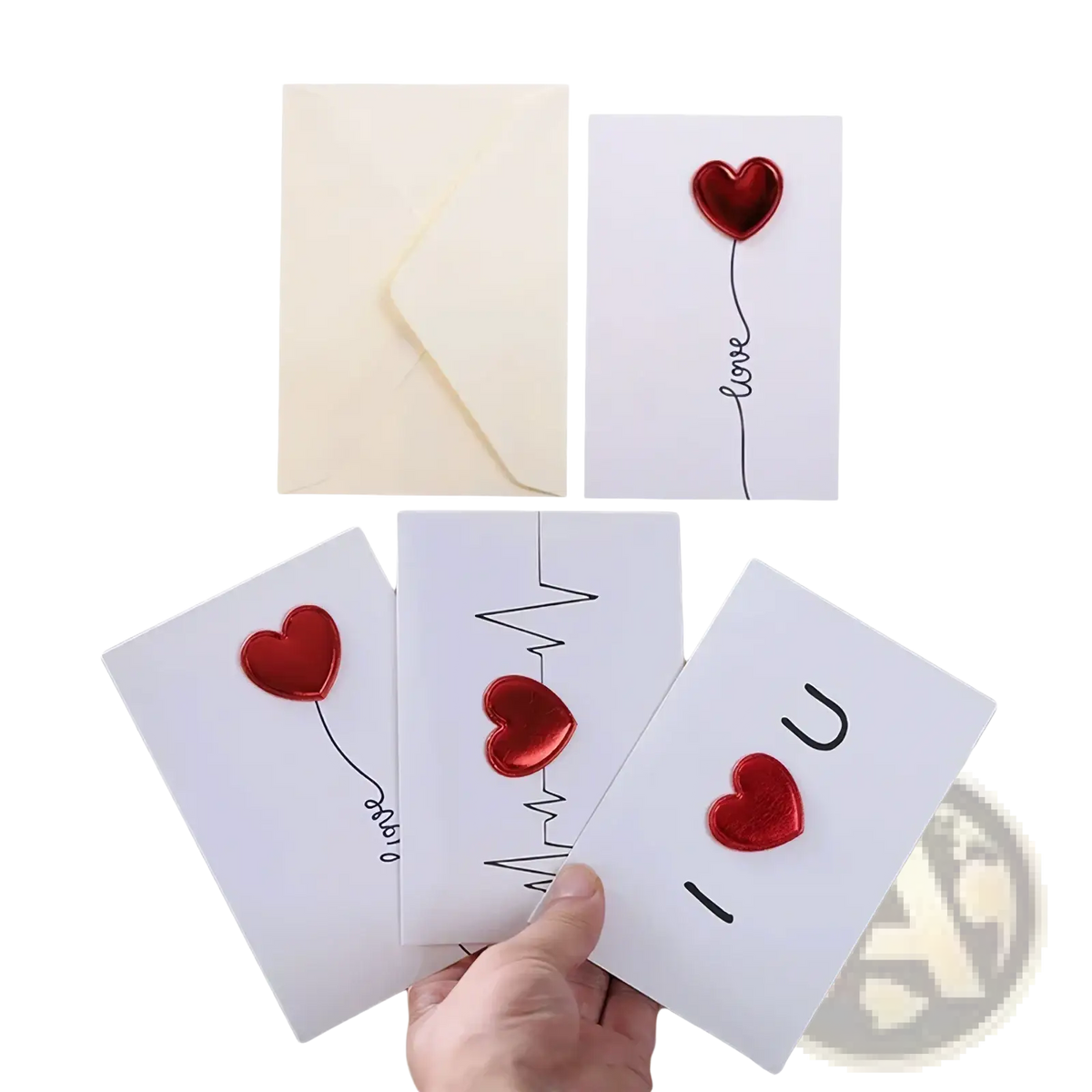 White valentine greeting cards featuring shiny red heart balloon designs with black cursive text and cream envelopes