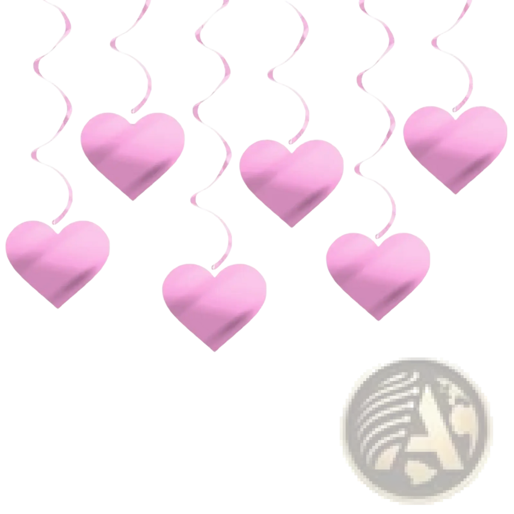 Valentine hanging heart swirl decorations featuring pink metallic heart shapes with spiral ribbon streamers