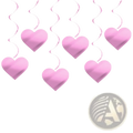 Valentine hanging heart swirl decorations featuring pink metallic heart shapes with spiral ribbon streamers