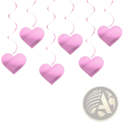 Valentine hanging heart swirl decorations featuring pink metallic heart shapes with spiral ribbon streamers