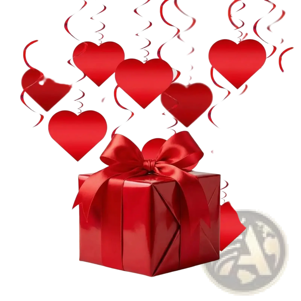 A glossy red gift box with a satin ribbon bow featured in valentine hanging heart swirl decorations party streamers
