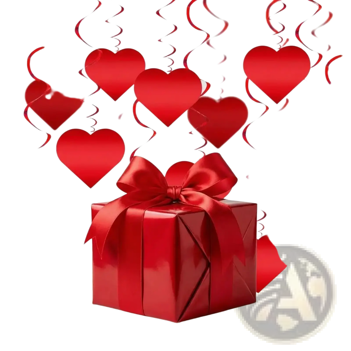 A glossy red gift box with a satin ribbon bow featured in valentine hanging heart swirl decorations party streamers