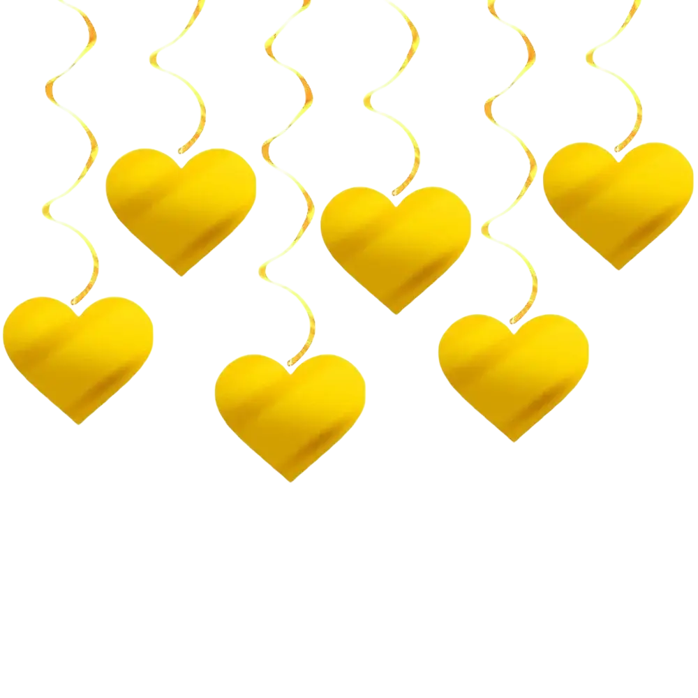 Golden heart-shaped hanging decorations with spiral ribbons for Valentine party streamers in metallic gold