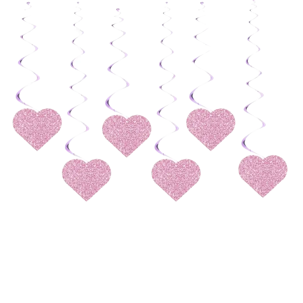 Pink glitter heart-shaped hanging decorations with spiral twist tails for valentine party streamers