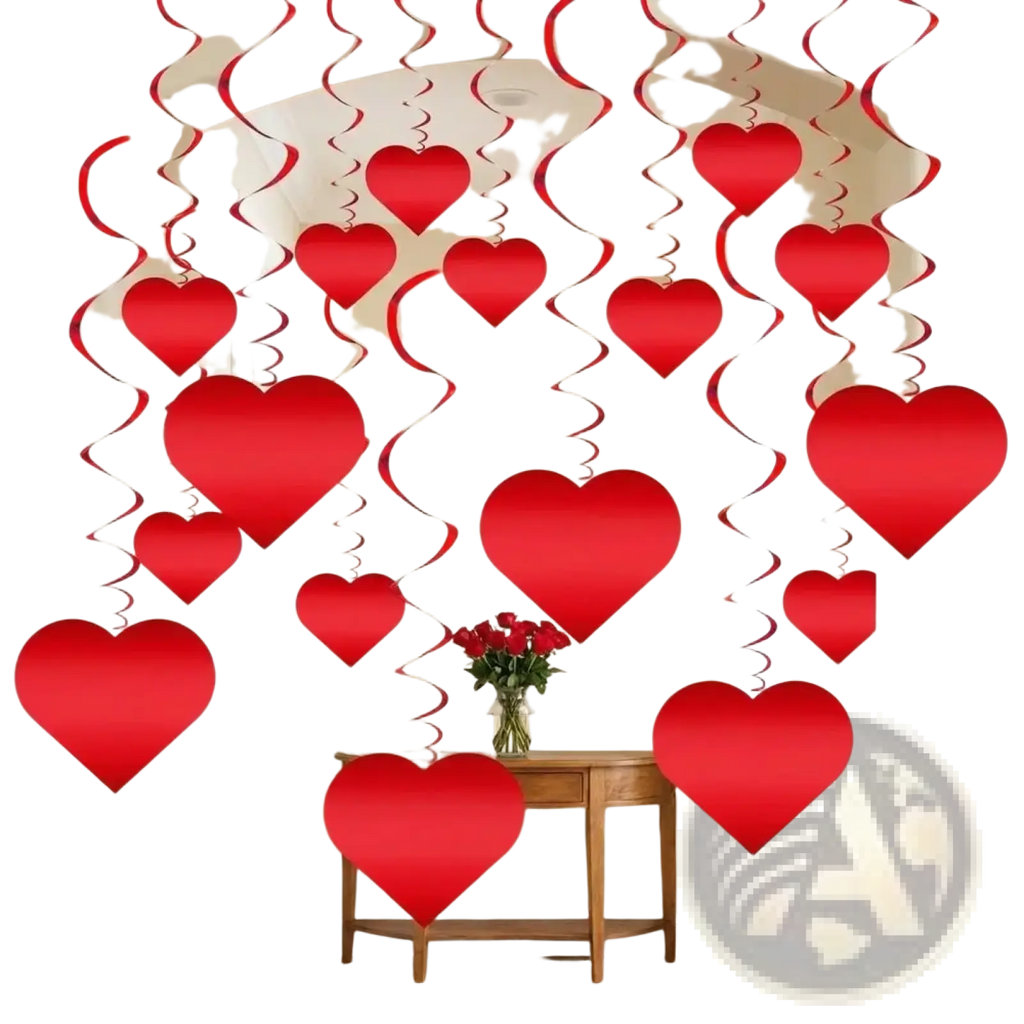 Red heart-shaped hanging decorations with spiral tails for valentine party streamers in vibrant red color