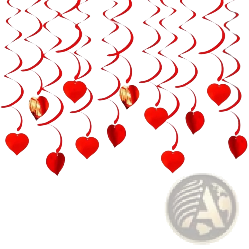 Valentine hanging heart swirl decorations featuring red heart shapes with metallic gold accents and swirling ribbons