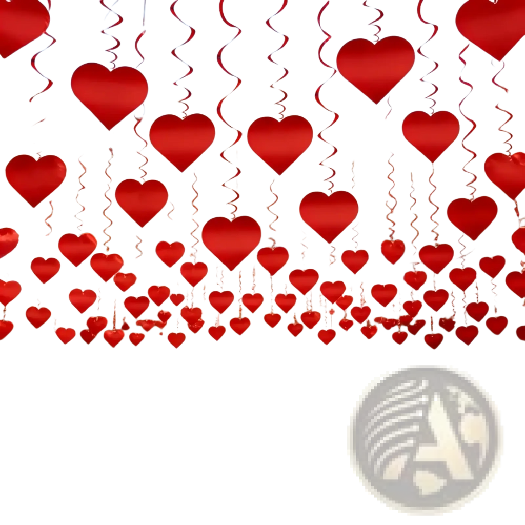 Red heart-shaped swirl decorations hanging from ceiling made of lightweight material for valentine party streamers