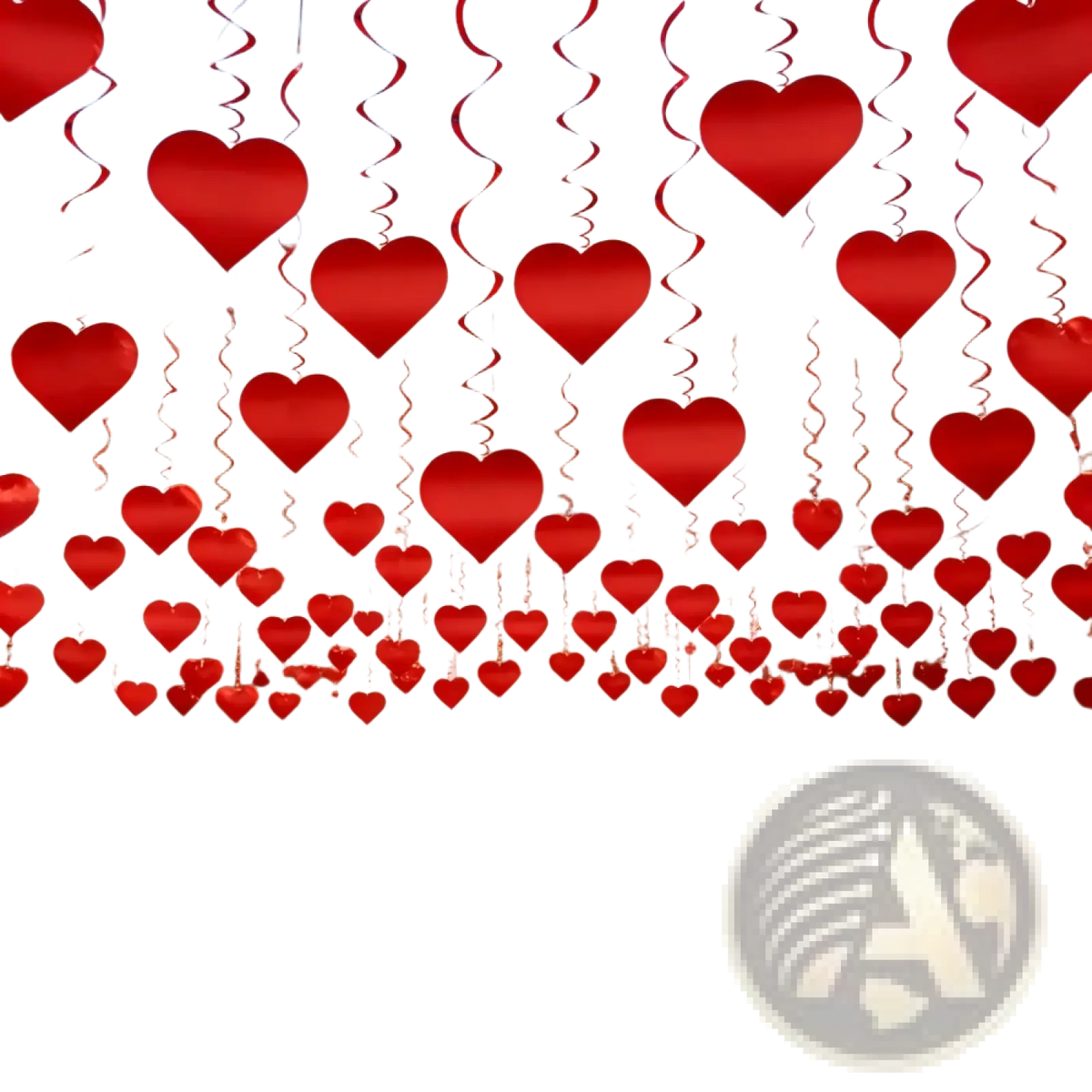 Red heart-shaped swirl decorations hanging from ceiling made of lightweight material for valentine party streamers