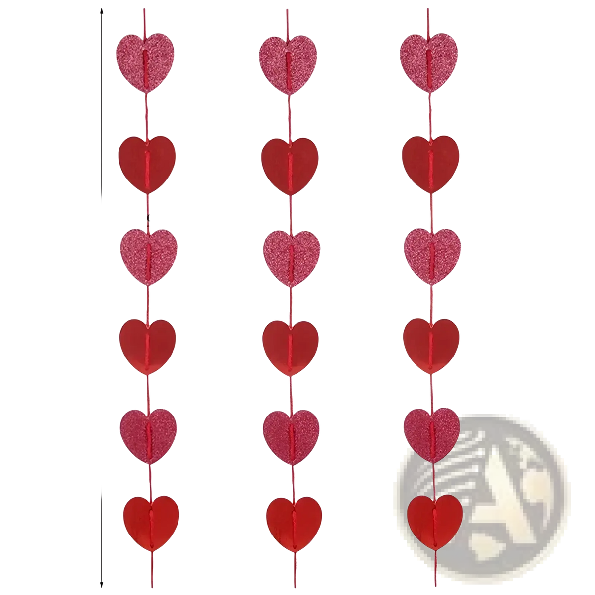 Valentine heart garland party banner with red glittery and matte heart-shaped decorations on three 154cm strands