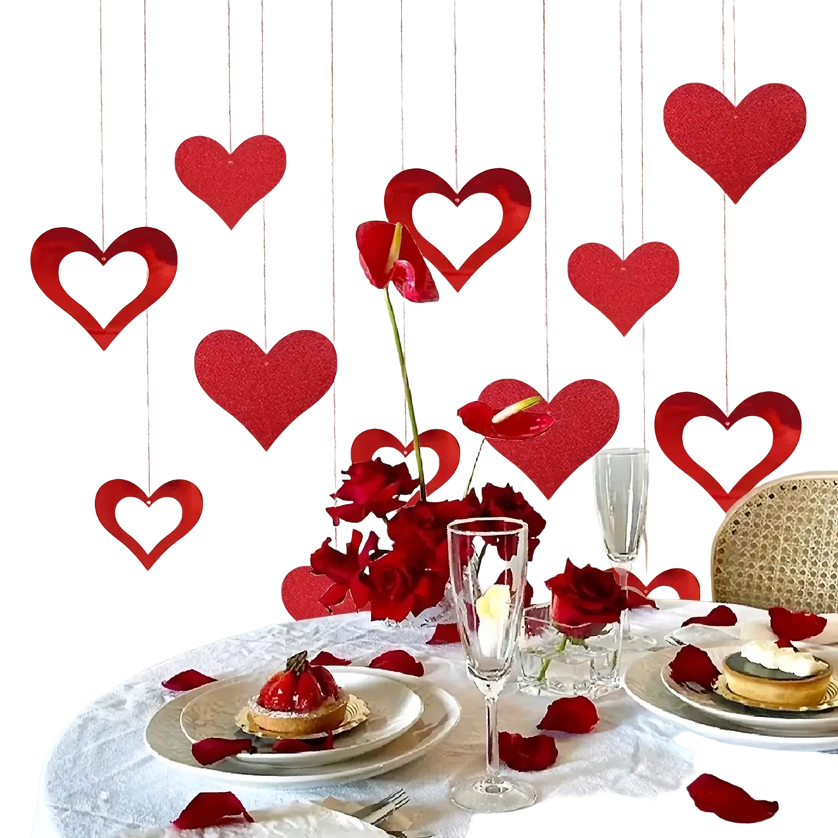 Valentine heart garland party banner with red glittery heart shaped decorations hanging from strings
