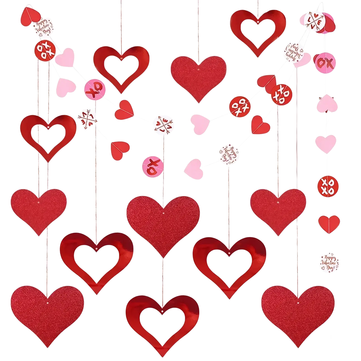 Valentine heart garland party banner with red glittery heart decorations and xo happy valentines day designs