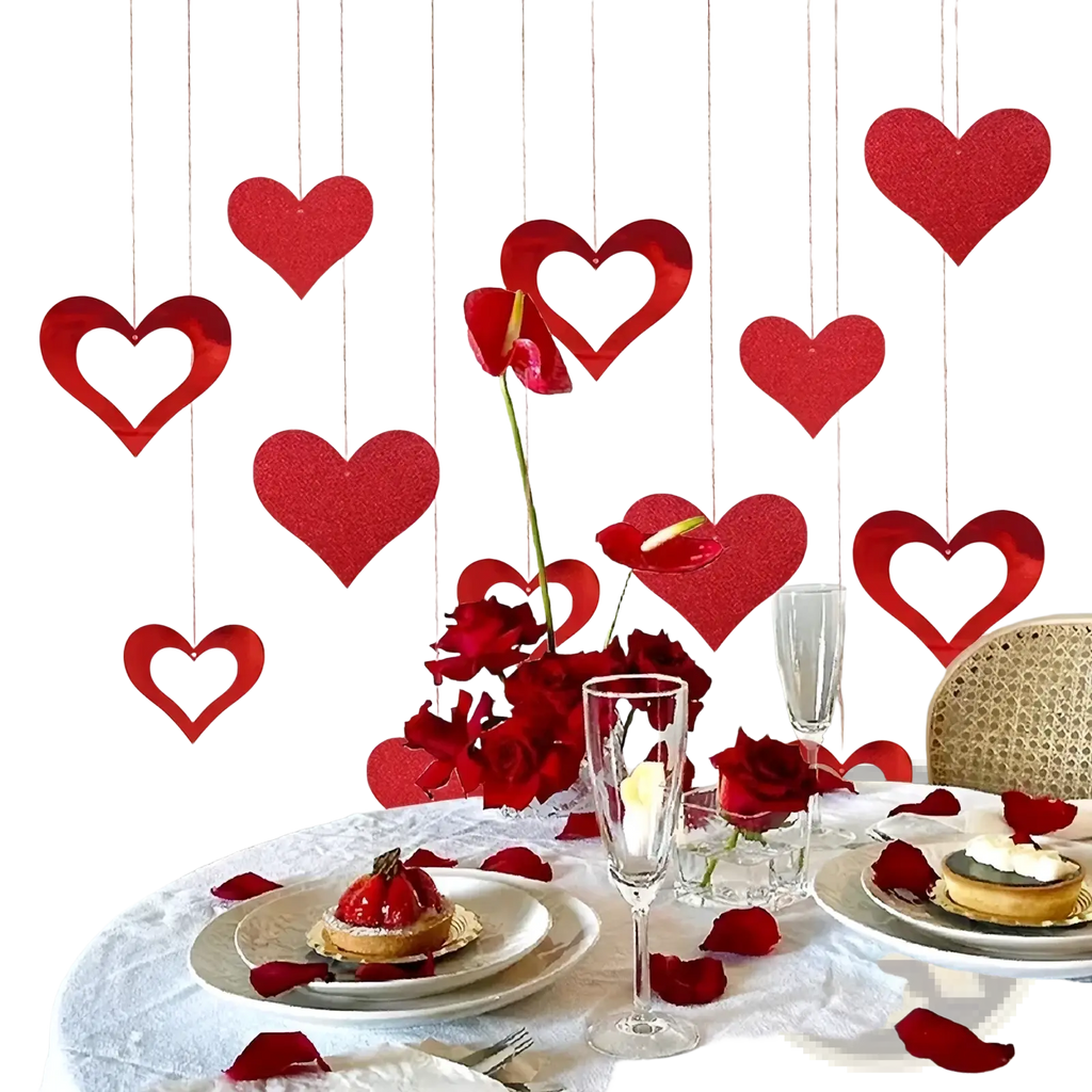 Valentine heart garland party banner with red glittery heart shaped decorations hanging from strings