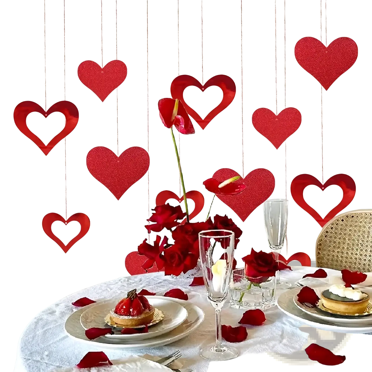 Valentine heart garland party banner with red glittery heart shaped decorations hanging from strings