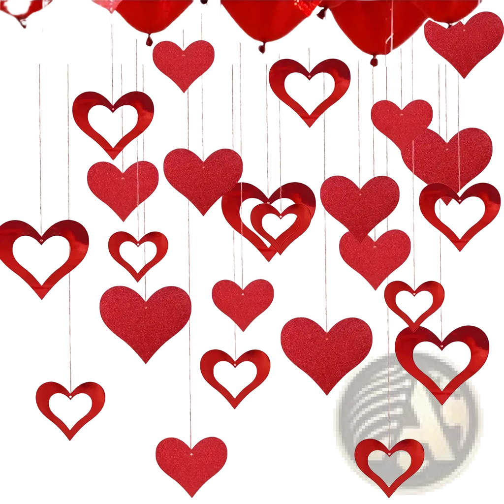 Valentine heart garland party banner featuring red glittery heart shaped hanging decorations for festive decor