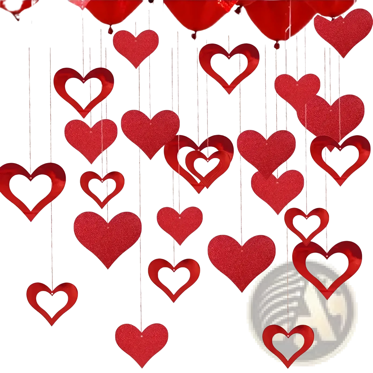 Valentine heart garland party banner featuring red glittery heart shaped hanging decorations for festive decor