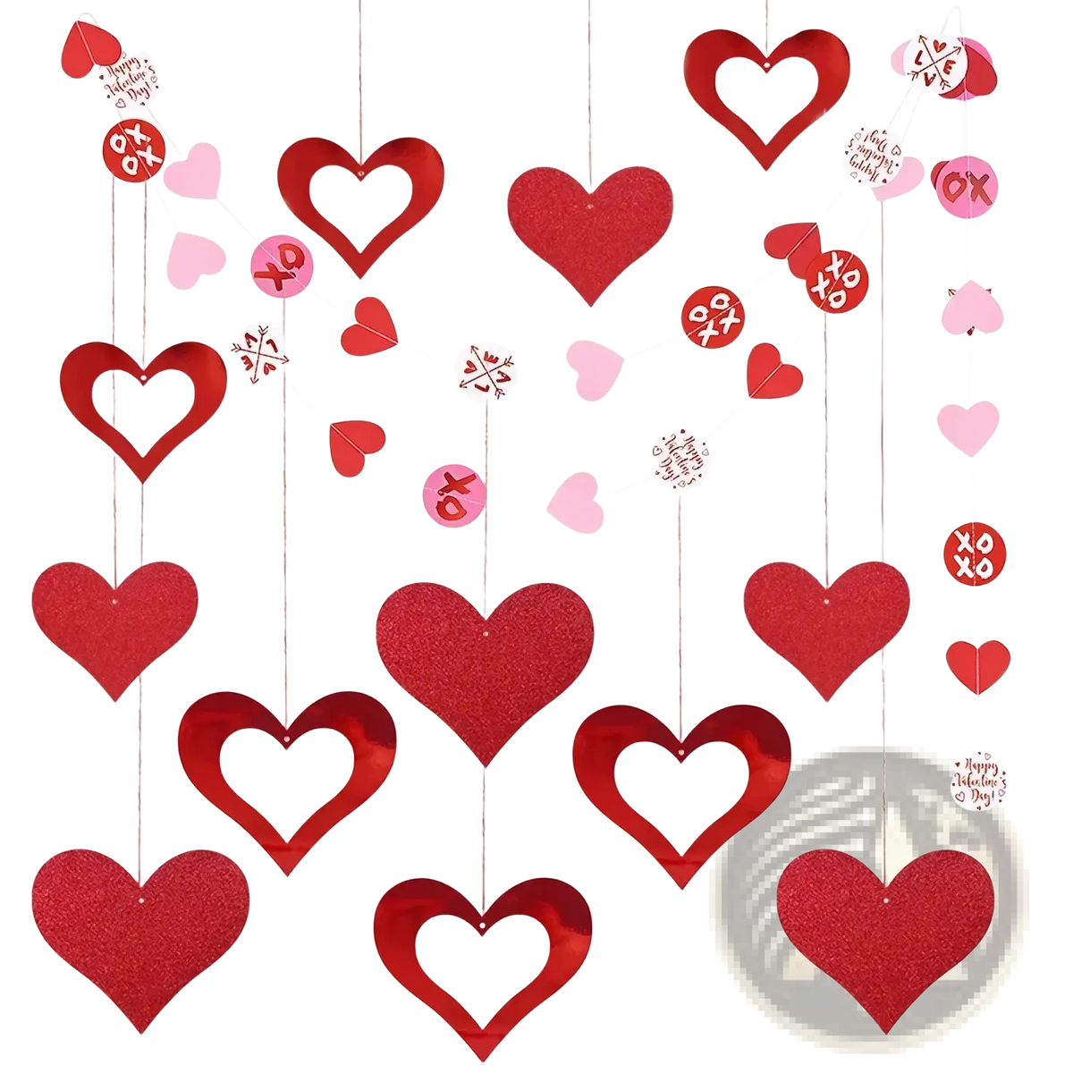 Valentine heart garland party banner with red glittery heart decorations and xo happy valentines day designs
