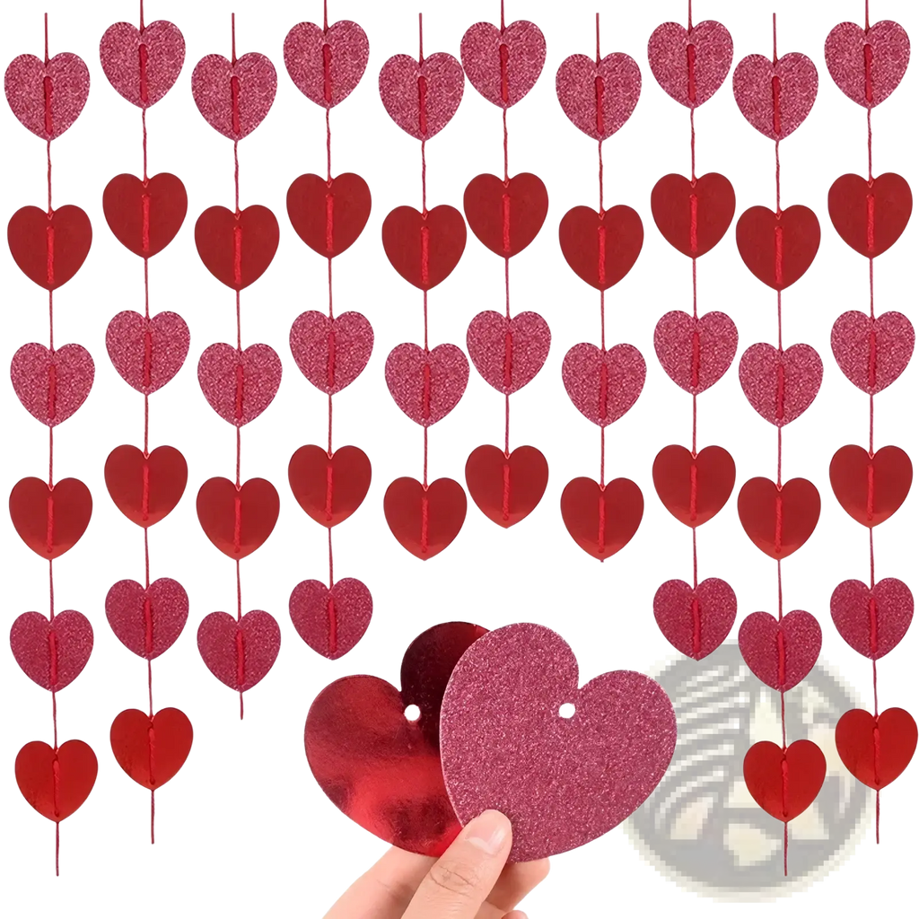 Valentine heart garland party banner with red and pink glitter hearts and a shiny textured finish