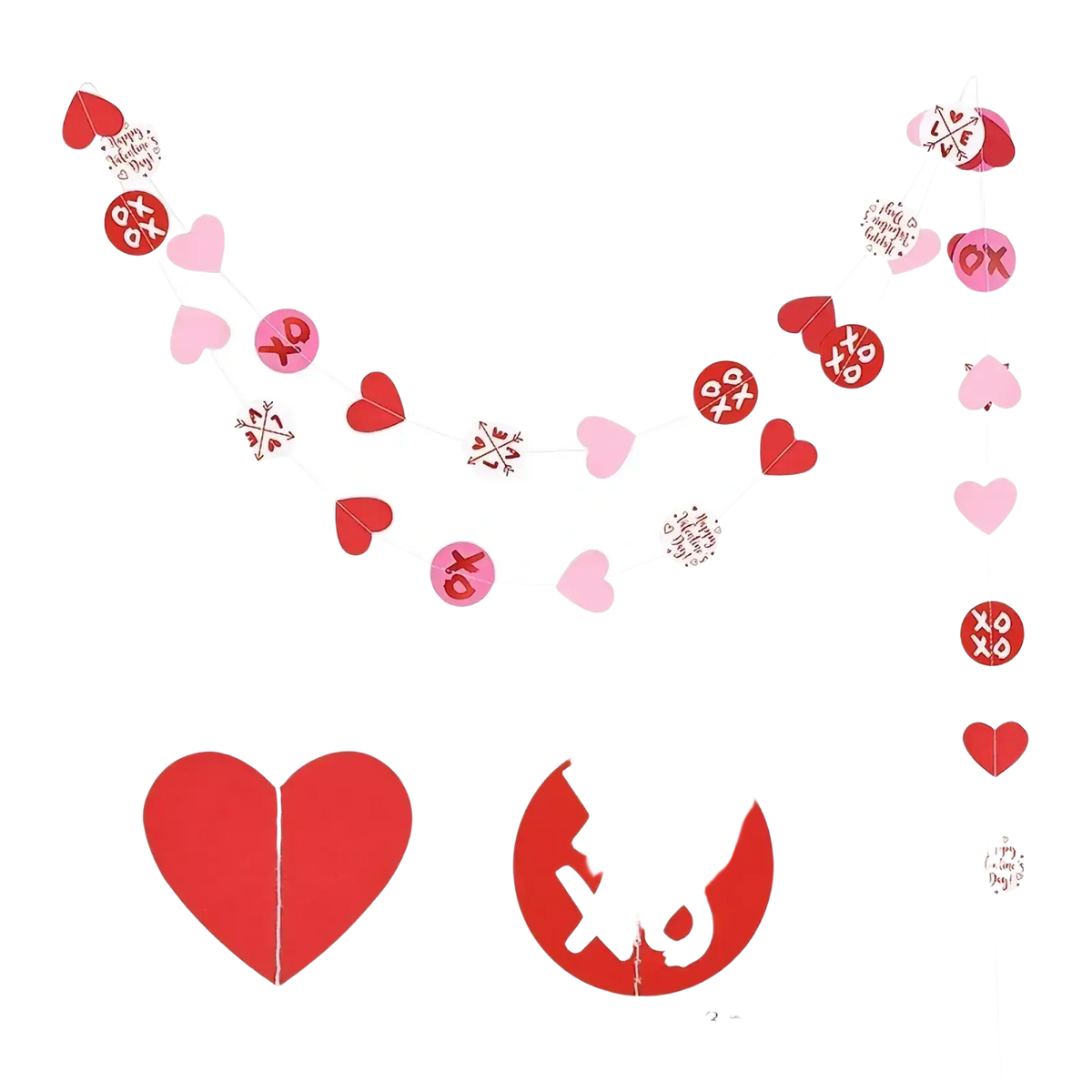 Valentine heart garland with red and pink paper hearts and xo circles strung together for a 3 meter heart garland party