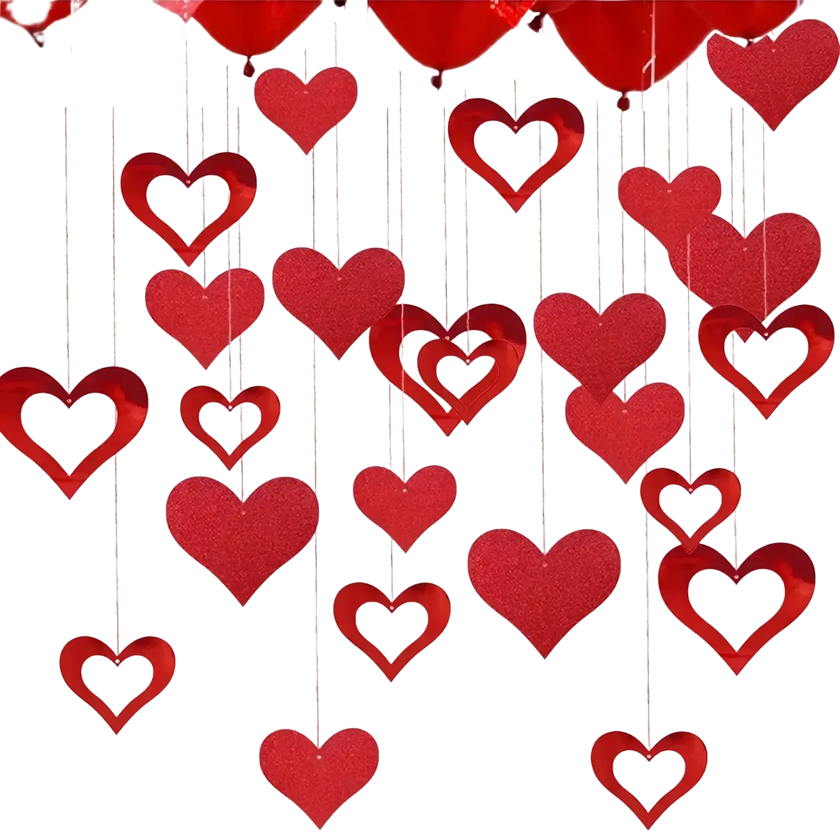 Valentine heart garland with red glittery heart decorations hanging from strings for heart garland party use