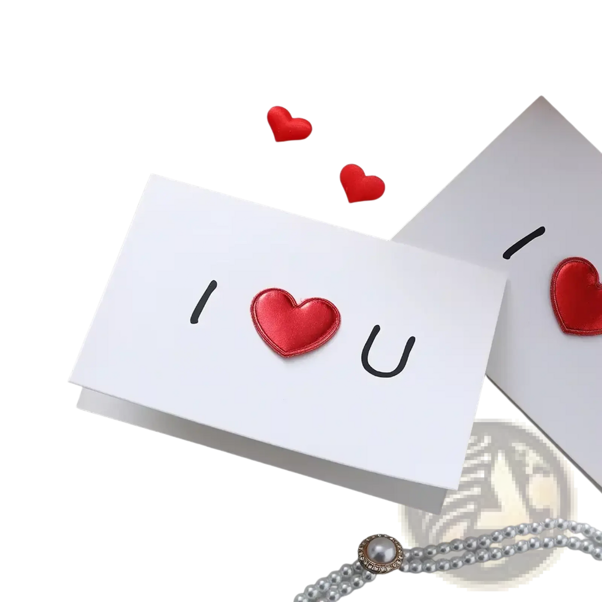 White valentine heart greeting card featuring a red heart appliqué between black letters i and u for wedding invitations