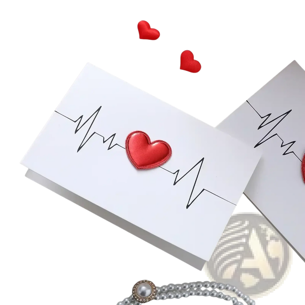 White Valentine heart greeting card featuring a red textured heart on an electrocardiogram line design for weddings