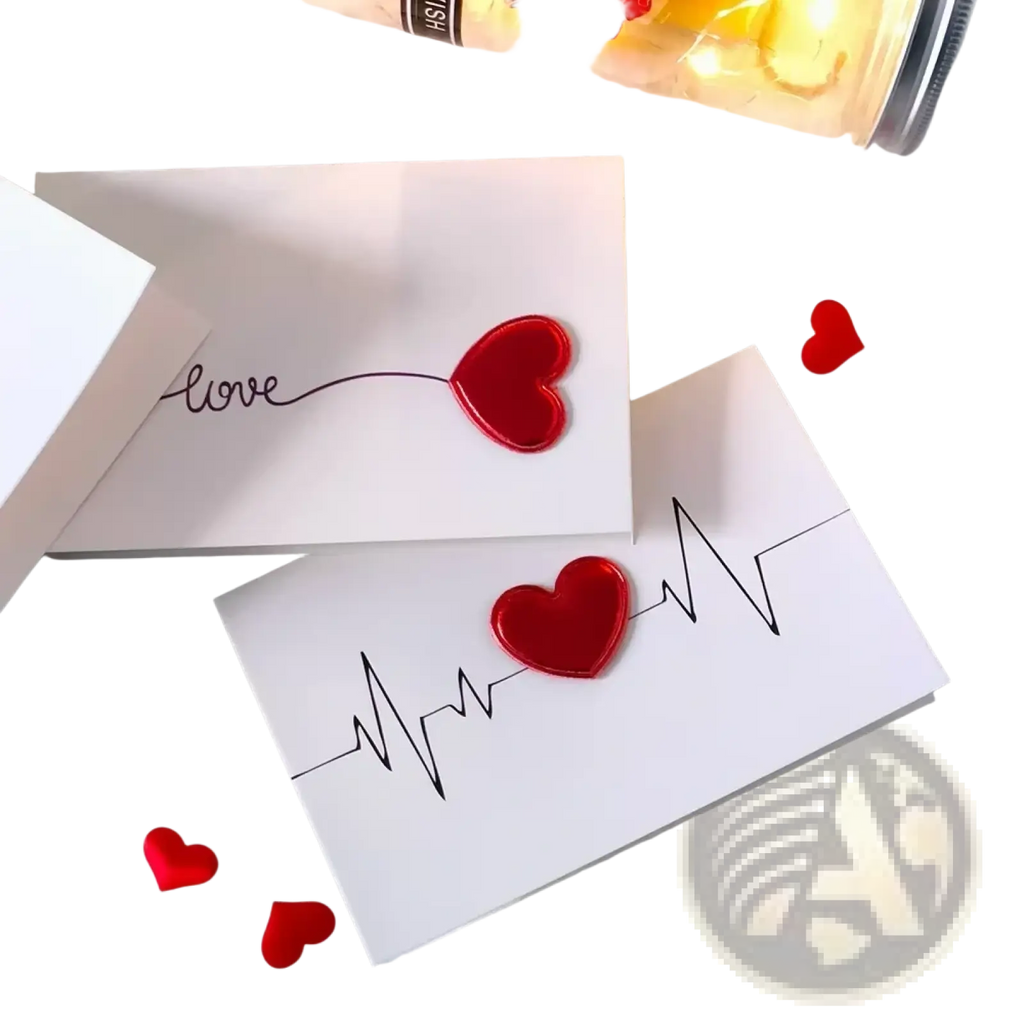 White valentine heart greeting cards with red heart embellishments and black heartbeat line designs for weddings