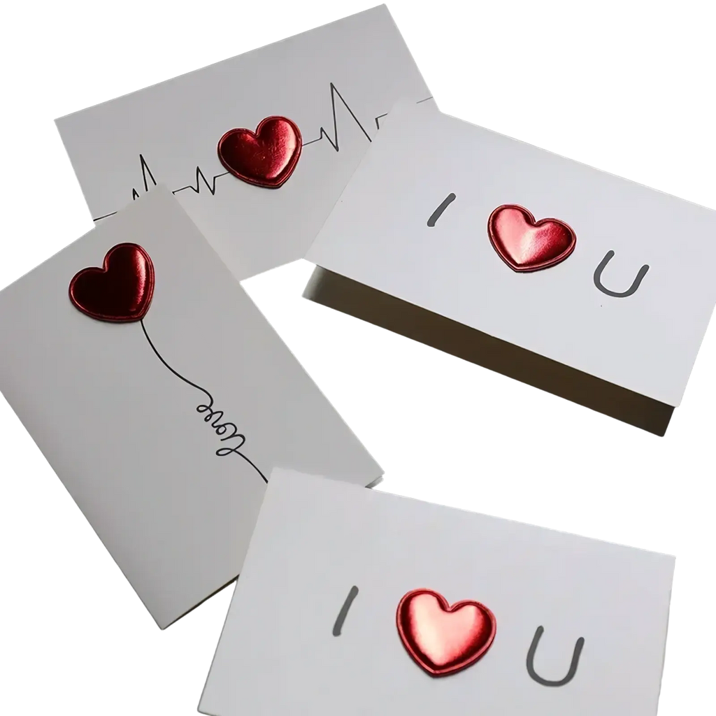 White valentine heart greeting card featuring shiny red heart embellishments and minimalist black text designs
