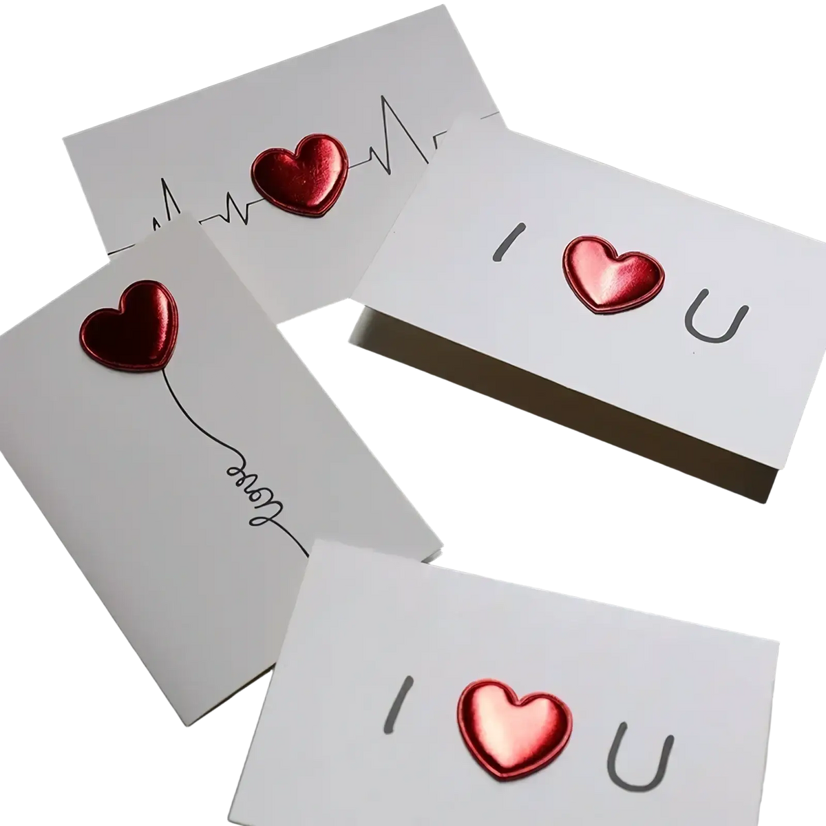White valentine heart greeting card featuring shiny red heart embellishments and minimalist black text designs
