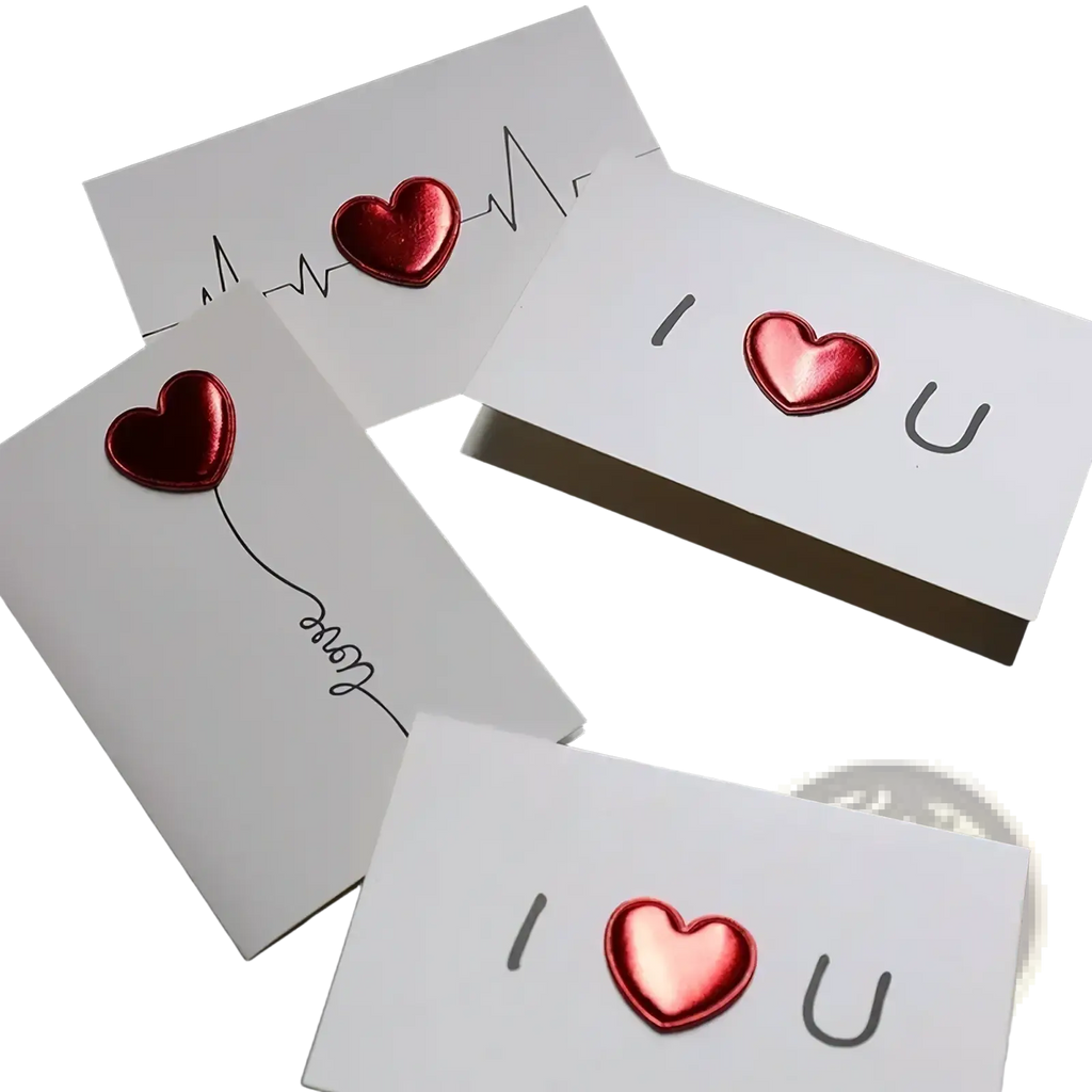 White valentine heart greeting card featuring shiny red heart embellishments and minimalist black text designs