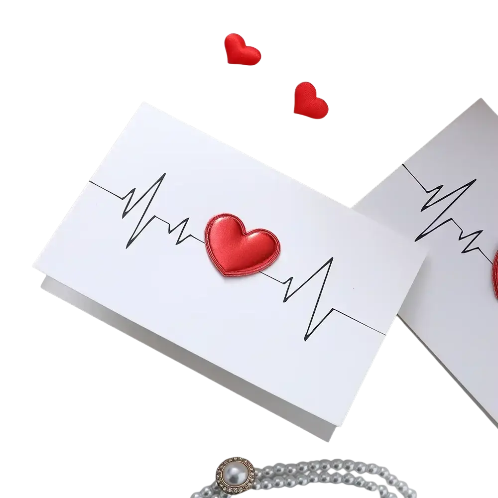 White Valentine heart greeting card featuring a red textured heart on an electrocardiogram line design for weddings