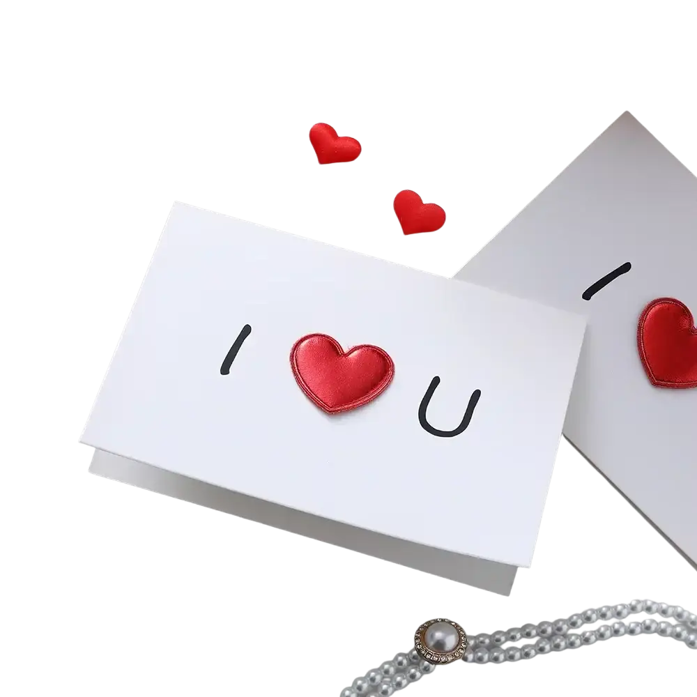 White valentine heart greeting card featuring a red heart appliqué between black letters i and u for wedding invitations