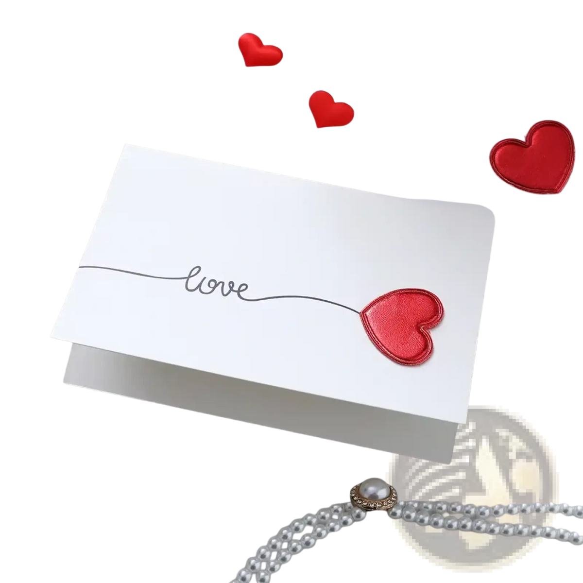 White valentine heart greeting card with love in black cursive and shiny red heart appliqué for wedding invitations