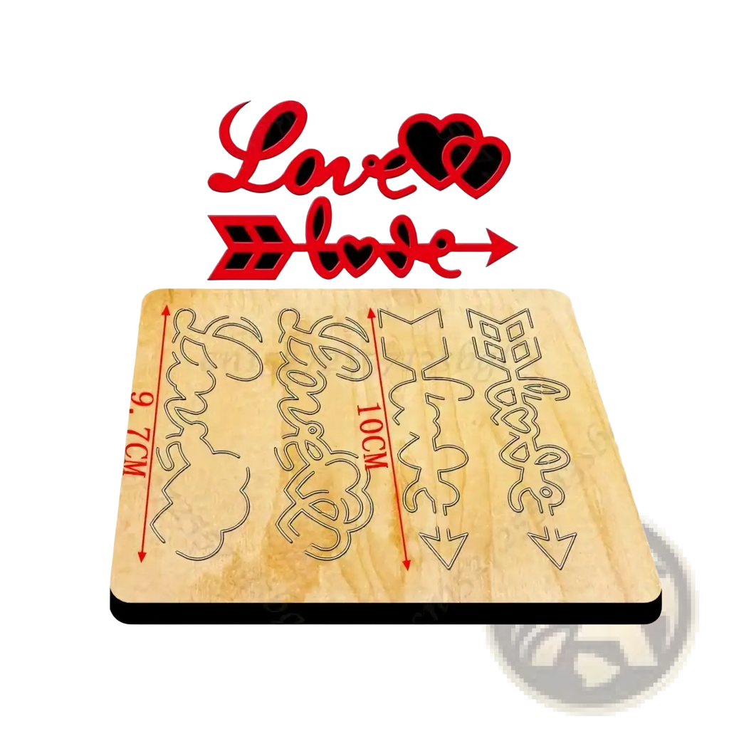 Valentine heart wooden cutting die with red laser cut love and arrow decorative decals on light wooden board