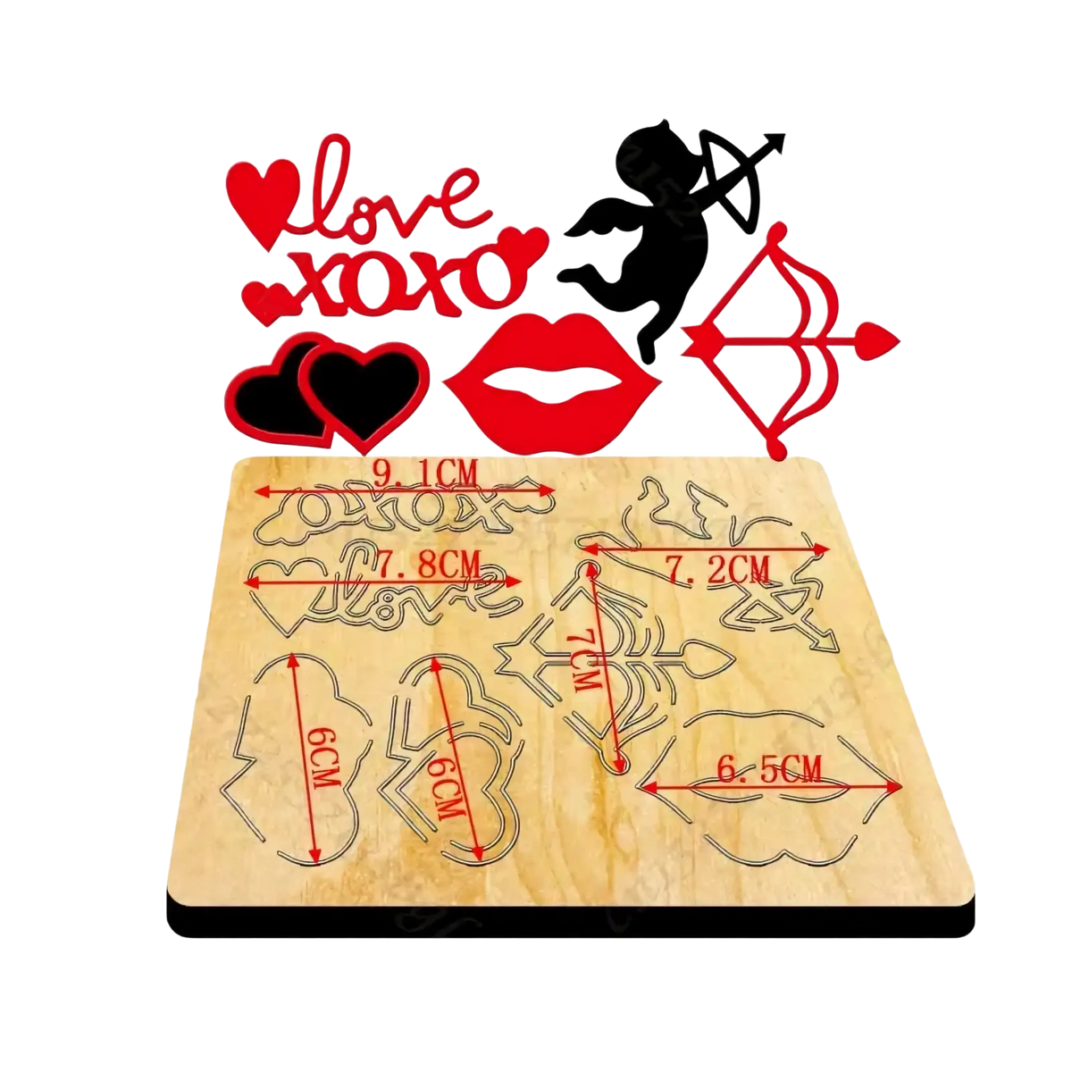 Wooden cutting board with laser-cut valentine’s day red and black hearts lips bow arrow love xoxo designs for crafts