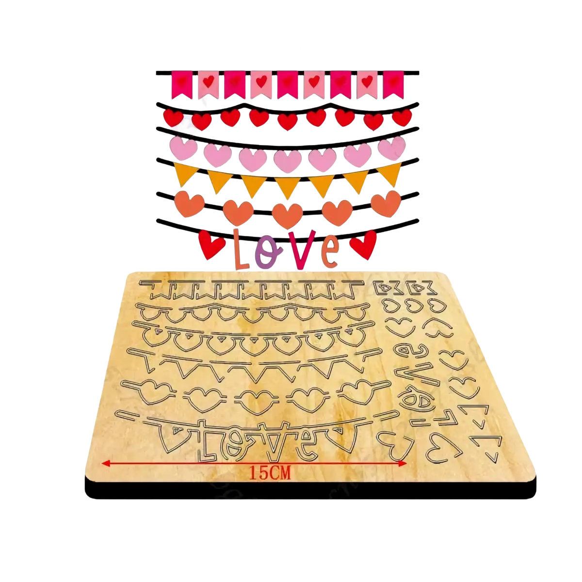 Valentine heart wooden cutting die featuring laser-cut heart and banner patterns with natural wood finish