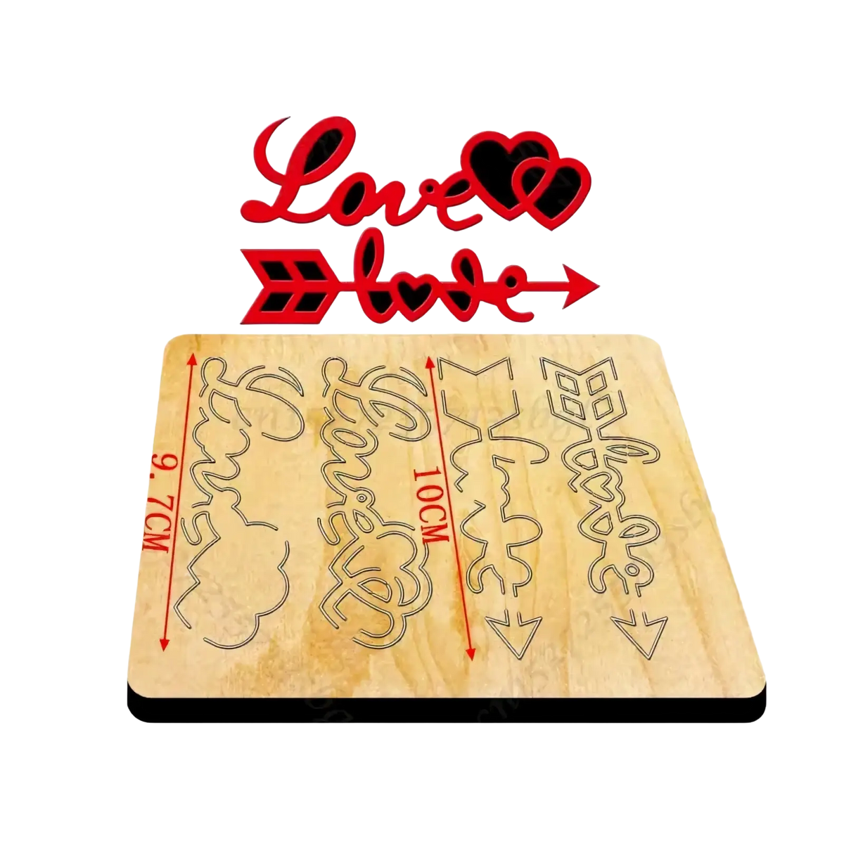 Valentine heart wooden cutting die with red laser cut love and arrow decorative decals on light wooden board