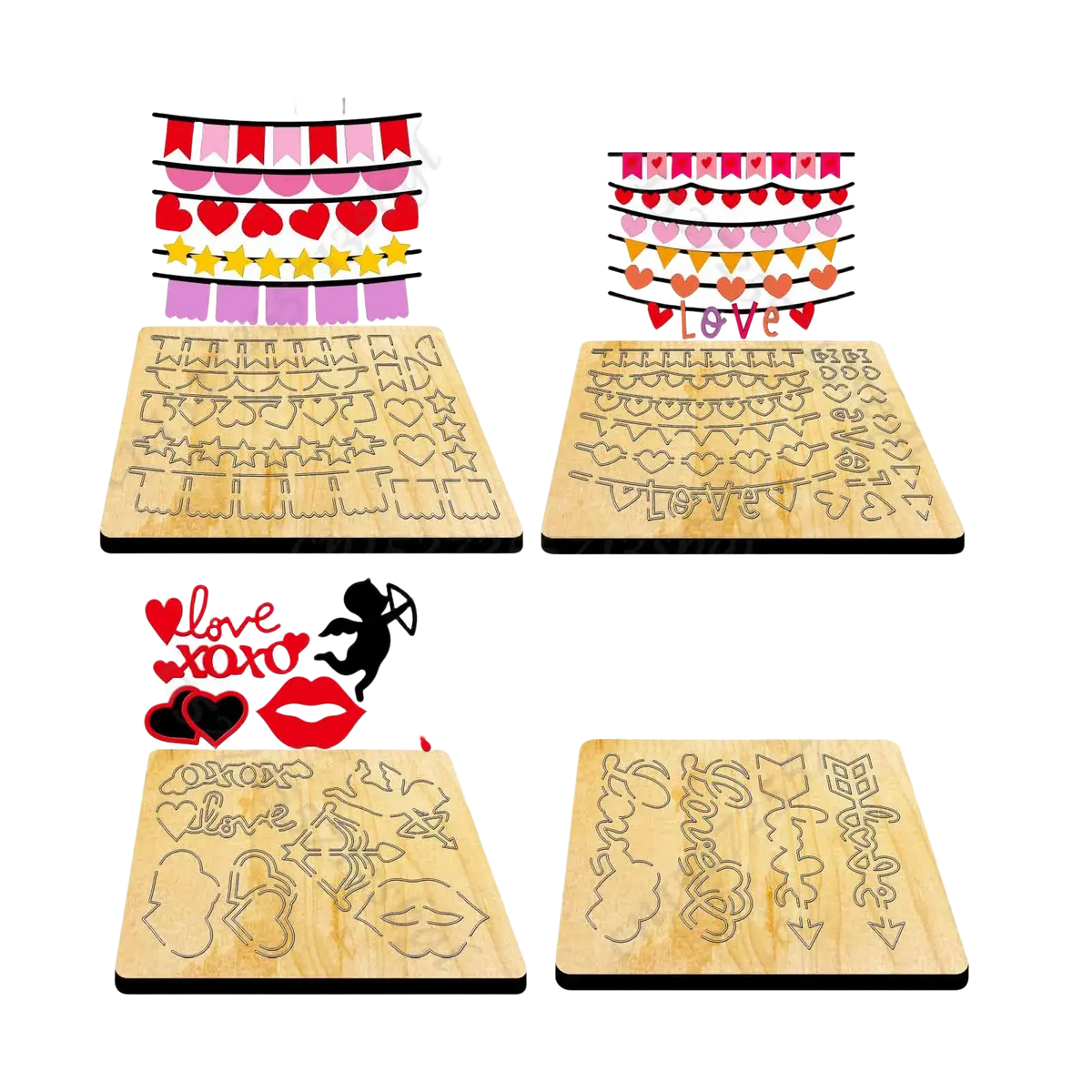 Set of four wooden valentine heart cutting dies with hearts stars and cupid designs in pink red yellow and black for crafts