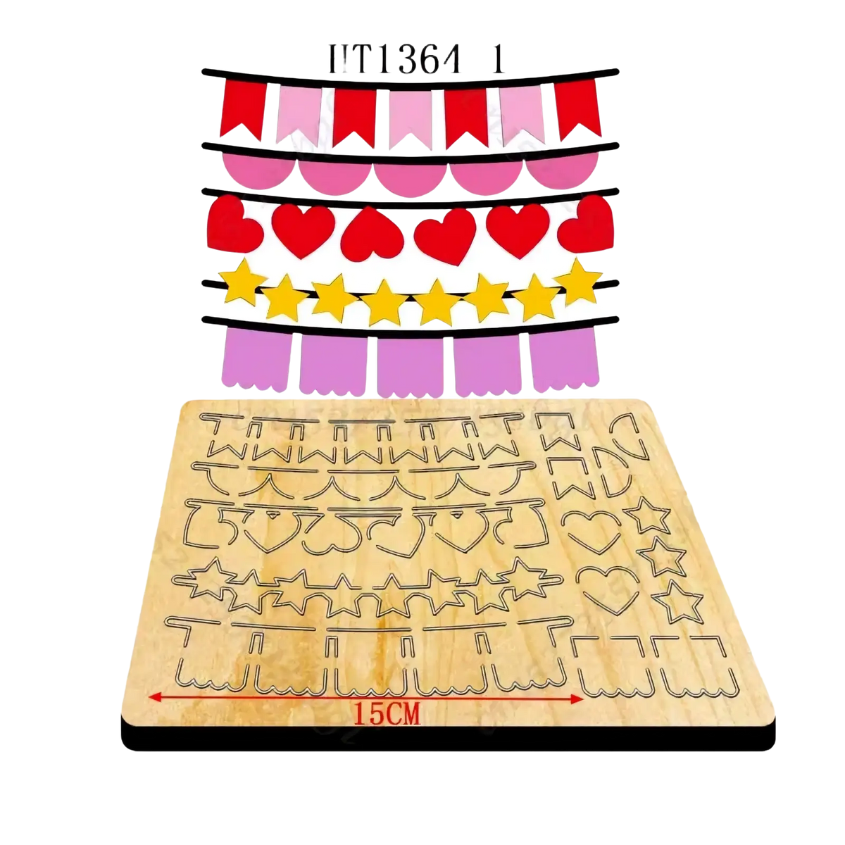 Valentine heart wooden cutting die made of wood with laser-cut multicolor heart star and banner outlines for crafts