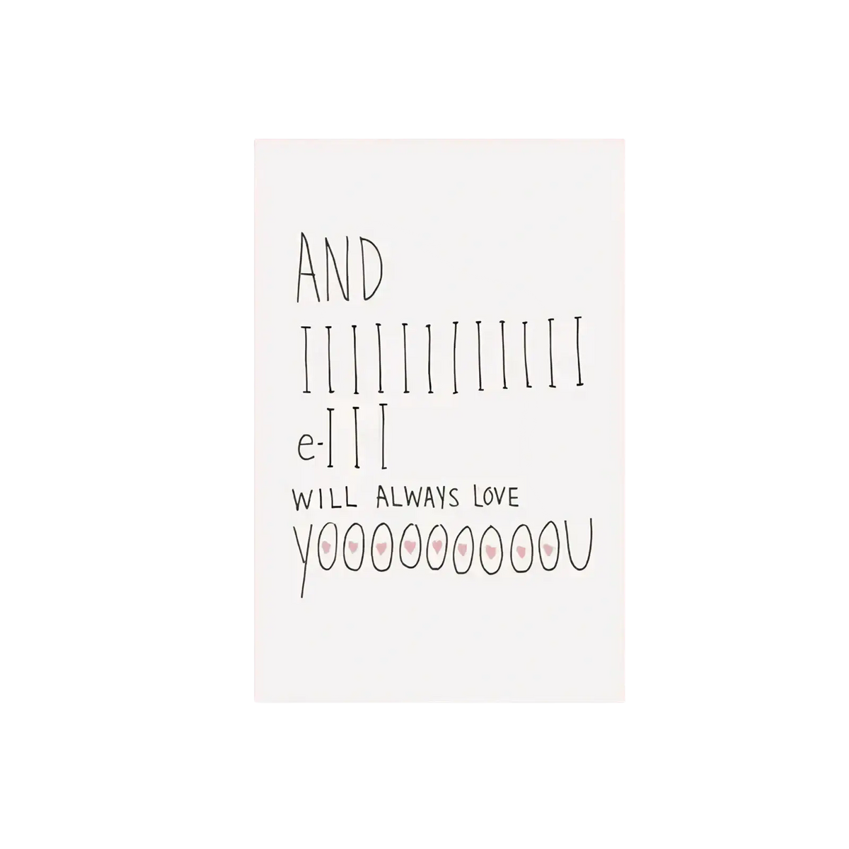 Valentine love greeting card with minimalist white design black hand-drawn text and pink heart accents with red envelope