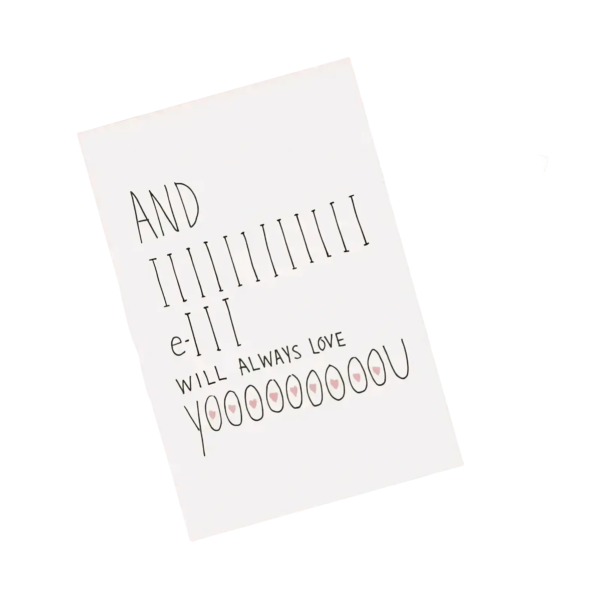 Valentine love greeting card with red envelope featuring minimalist white card with black handwritten text and pink hearts