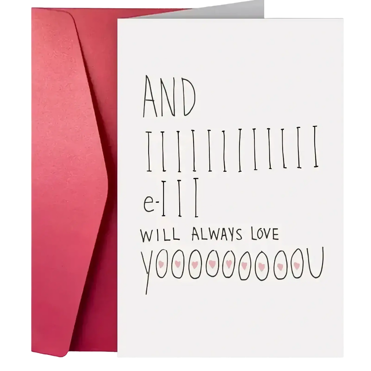 Valentine love greeting card with black handwritten text and pink hearts paired with matching red envelope