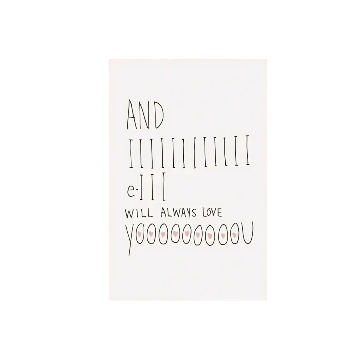 White valentine love greeting card with black handwritten text pink heart accents and red envelope