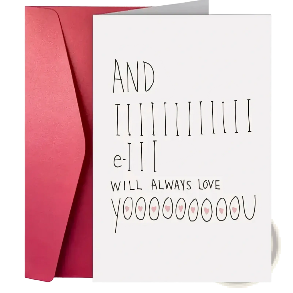 Valentine love greeting card with black handwritten text and pink hearts on white card with matte red envelope