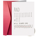 Valentine love greeting card with black handwritten text and pink hearts on white card with matte red envelope