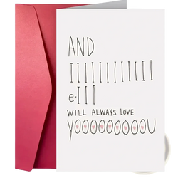Valentine love greeting card with black handwritten text and pink hearts on white card with matte red envelope